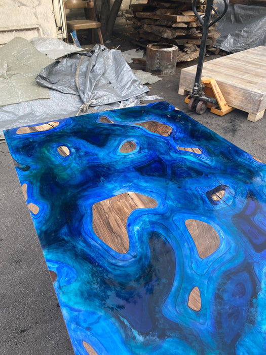 Custom 52” x 32” Walnut Deep Dark Blue and White Swirls Epoxy Dining Table