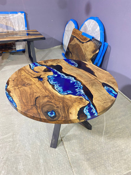 Round Dining Table, Custom 52” Diameter Round Walnut Wood Blue Table, Turquoise, White Waves Epoxy Dining Table, Order for Stephanie R