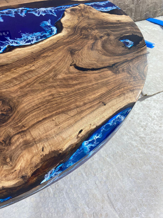 Round Dining Table, Custom 52” Diameter Round Walnut Wood Blue Table, Turquoise, White Waves Epoxy Dining Table, Order for Stephanie R