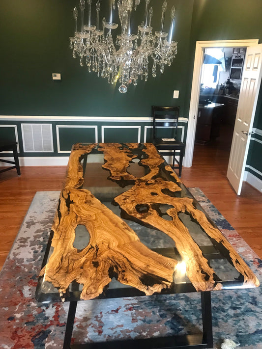 Olive Wood Epoxy Table, Custom 108” x 42” Olive Wood Table, Clear Epoxy Dining Table, River Table, Handmade Table, Custom Order for Michelle