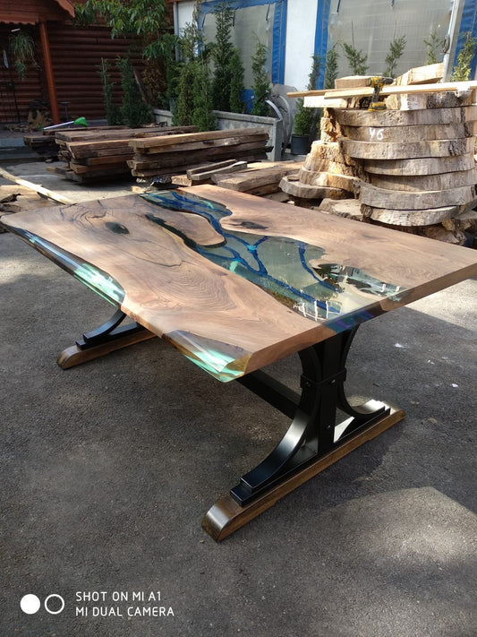 Walnut Dining Table, Custom 72" x 51" Walnut Blue, Turquoise Table, Clear Epoxy Table, River Table, Custom Order for Gail2