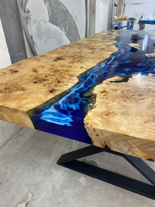 Epoxy Table, Epoxy Dining Table, Poplar Wood Epoxy River Table, Custom 84” x 42” Poplar Blue Epoxy Table Order for Ashly