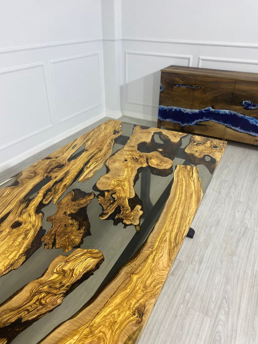 Olive Wood Epoxy Table, Olive Wood Table, Custom 96” x 40” Olive Smokey Gray Table, Epoxy Resin Table, Custom Order for Selena