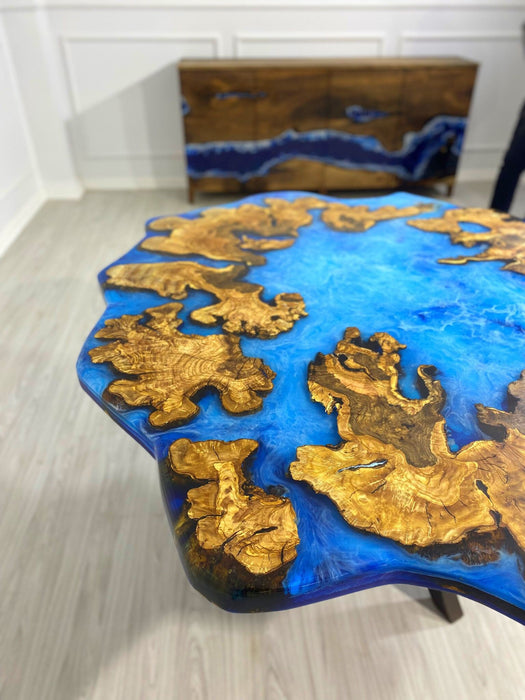 Round Dining Table, Handmade Round Table, Custom 56” Diameter Round Olive Wood Table, Blue Epoxy Table, Blue Resin Table, Order for Tyler