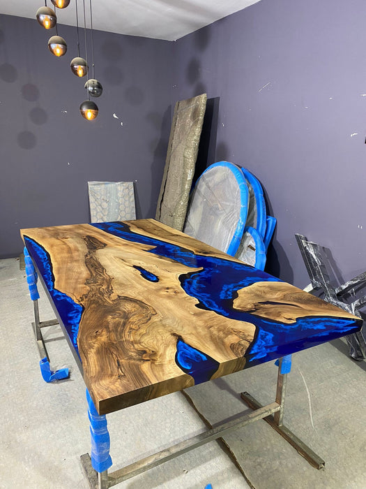 Epoxy Table, Epoxy Dining Table, Custom 115” x 42” Walnut Ocean Blue, Turquoise White Waves Table, Epoxy River Dining Table Order for Nathan