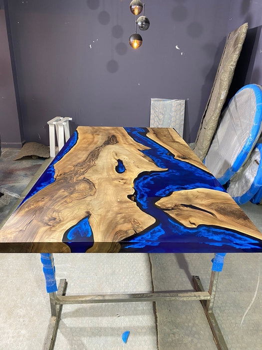 Epoxy Table, Epoxy Dining Table, Custom 115” x 42” Walnut Ocean Blue, Turquoise White Waves Table, Epoxy River Dining Table Order for Nathan