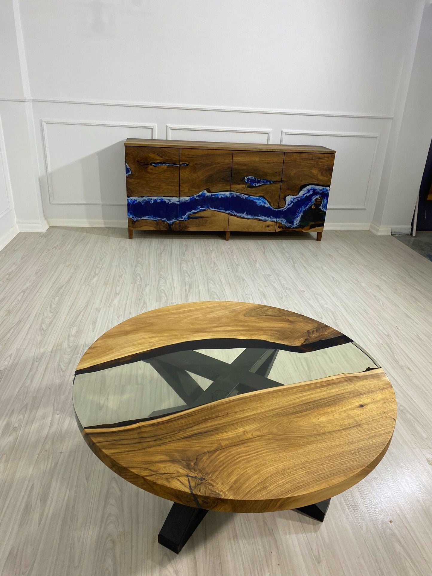 READY TO SHIP Epoxy Table, Epoxy Dining Table, Walnut Epoxy River Table, Custom 43” Round Walnut Clear Epoxy Coffee Table Order