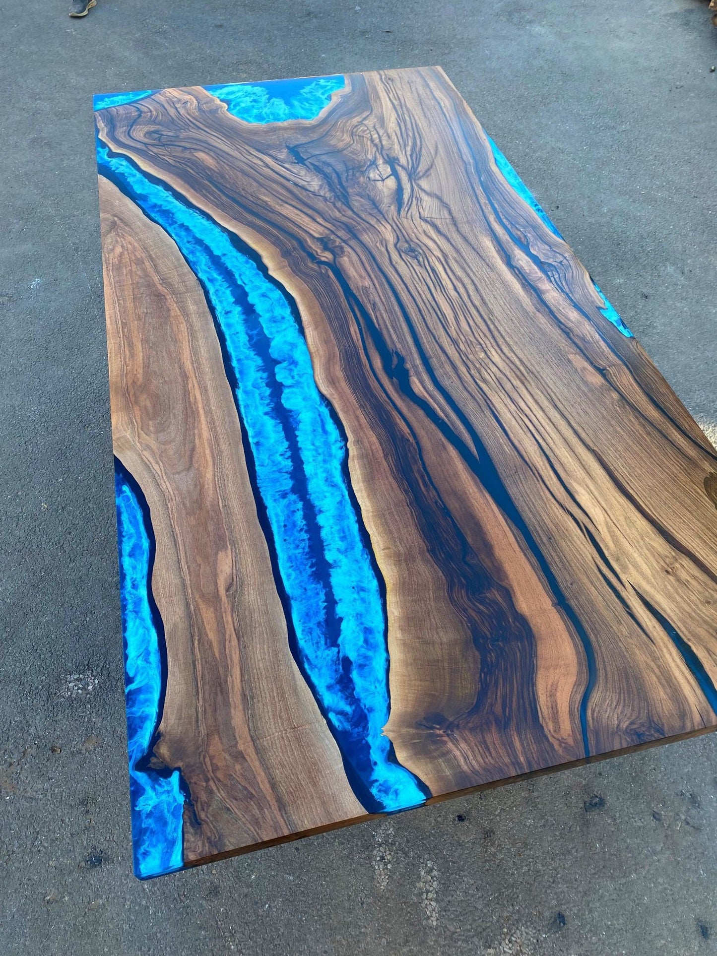 Live Edge Table, Epoxy Table, Custom 84” x 42” Walnut  Blue and White Swirls Ocean Table, Epoxy Dining Table, River Table, Order for Joseph