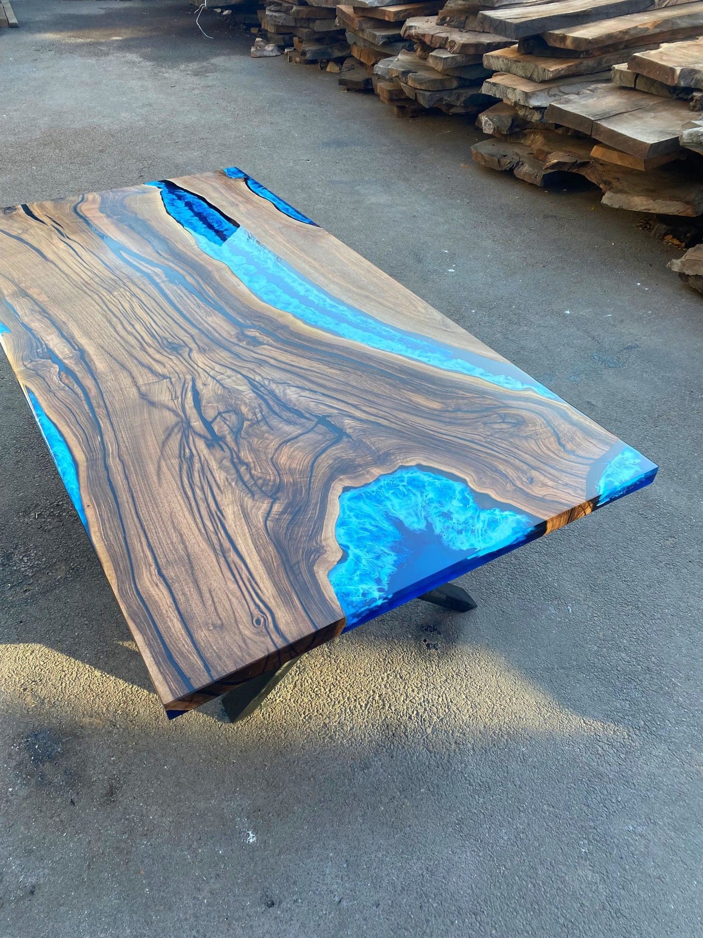 Live Edge Table, Epoxy Table, Custom 84” x 42” Walnut  Blue and White Swirls Ocean Table, Epoxy Dining Table, River Table, Order for Joseph