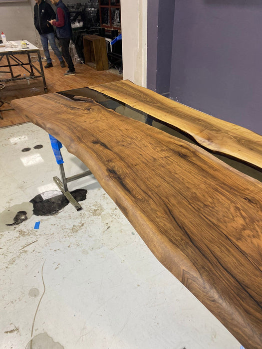 READY TO SHIP Epoxy Table, Epoxy Dining Table, Walnut Epoxy River Table, Custom 110” x 49"-43” Walnut Smokey Gray Epoxy River Table Order