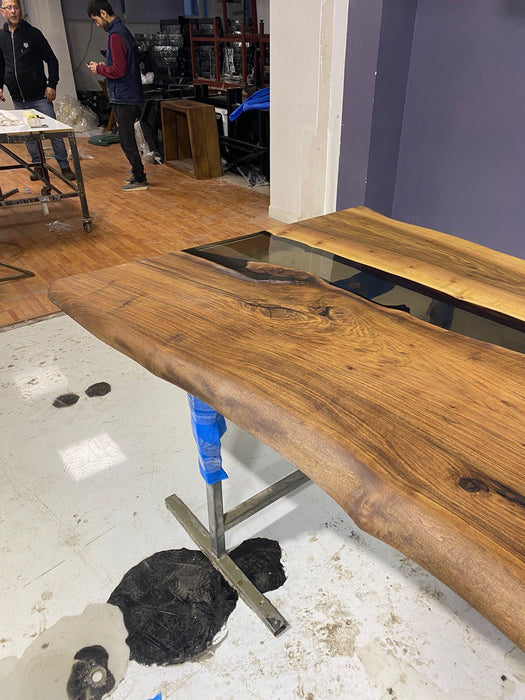 READY TO SHIP Epoxy Table, Epoxy Dining Table, Walnut Epoxy River Table, Custom 110” x 49"-43” Walnut Smokey Gray Epoxy River Table Order