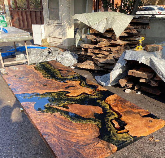 Epoxy Table, Custom 96” x 40" Walnut Black Epoxy Table, Gold Leaf Table, River Table, Epoxy Dining Table, Custom Order for Jane