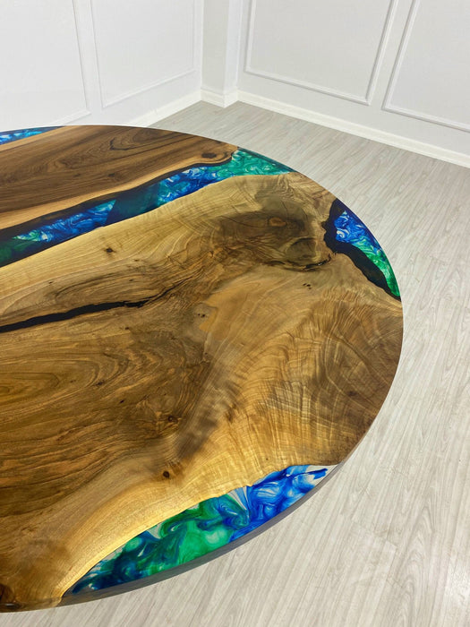 Epoxy Coffee Table, Round Dining Table, Custom 60” Diameter Round Walnut Blue, Turquoise, Green Table, Epoxy Dining Table, for Heather