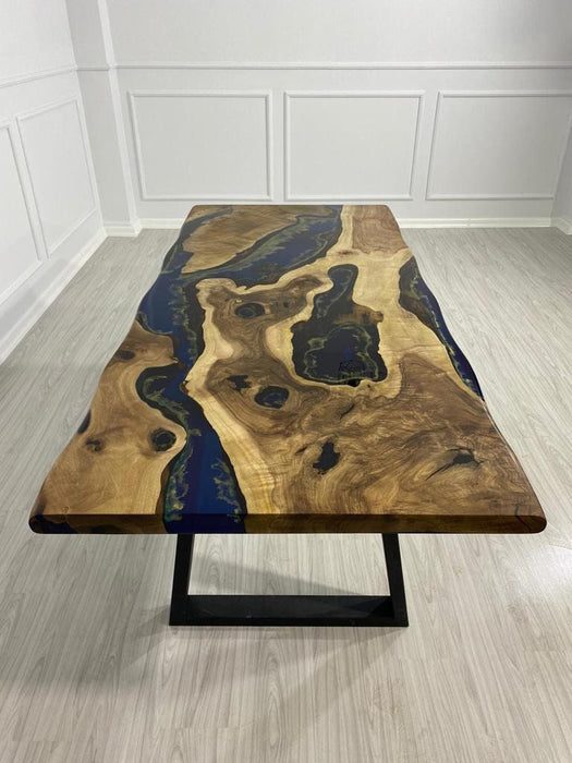 Live Edge Table, Custom 80” x 36" Walnut Midnight Blue Table, Epoxy with Gold Leaf Strip Line Table, River Table, Order for Giovanni