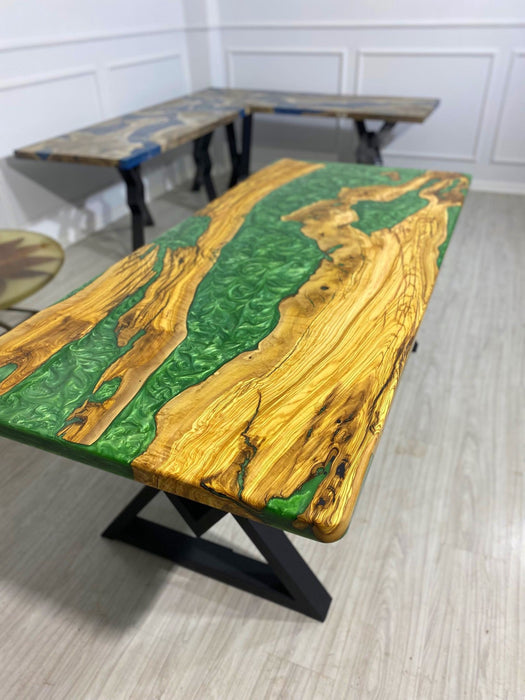 Epoxy Resin Table, Custom 80” x 36” Olive Emerald Green Table, Epoxy River Dining Table, Live Edge Table, Olive Wood Table, Order for Kerry