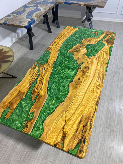 Epoxy Resin Table, Custom 80” x 36” Olive Emerald Green Table, Epoxy River Dining Table, Live Edge Table, Olive Wood Table, Order for Kerry