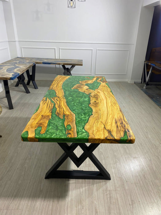 Epoxy Resin Table, Custom 80” x 36” Olive Emerald Green Table, Epoxy River Dining Table, Live Edge Table, Olive Wood Table, Order for Kerry