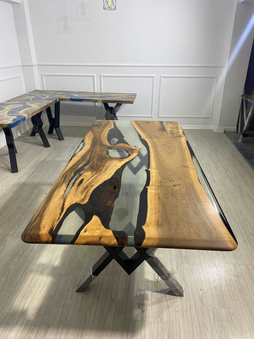 Custom 84” x 40” Walnut Wood Clear Color Epoxy River Table Order for Maria P