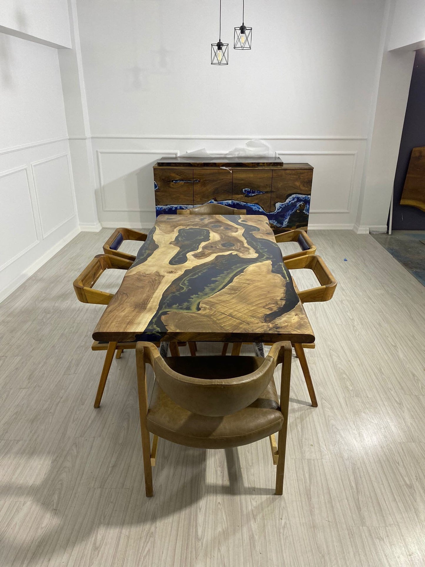 Live Edge Table, Custom 80” x 36" Walnut Midnight Blue Table, Epoxy with Gold Leaf Strip Line Table, River Table, Order for Giovanni