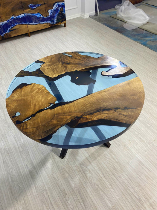 Round Dining Table, Custom 48” Round Walnut Transparent Light Sky Blue Table, Epoxy River Table, Live Edge Table, Custom Order for Kristie 4