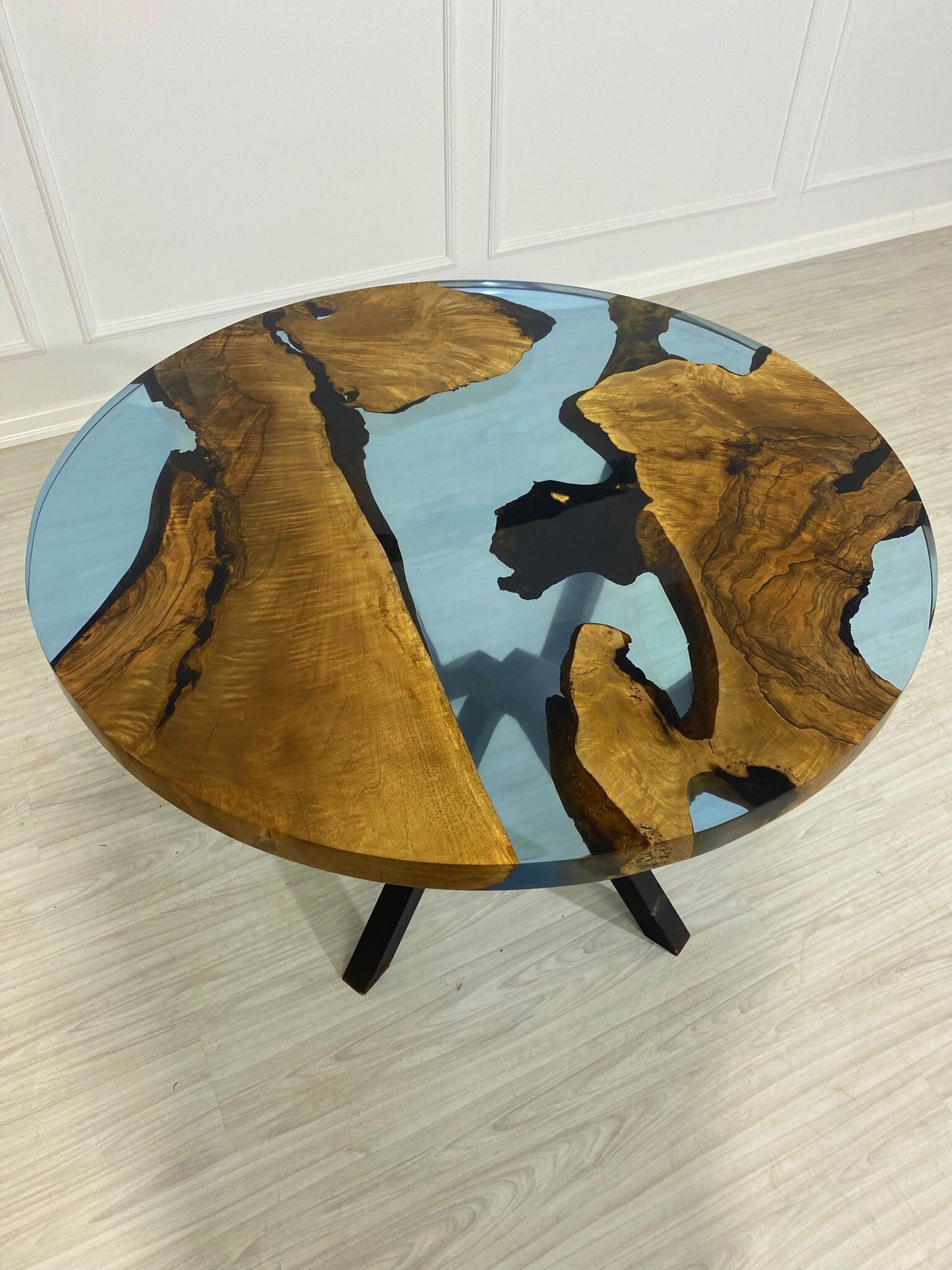 Round Dining Table, Custom 48” Round Walnut Transparent Light Sky Blue Table, Epoxy River Table, Live Edge Table, Custom Order for Kristie 4