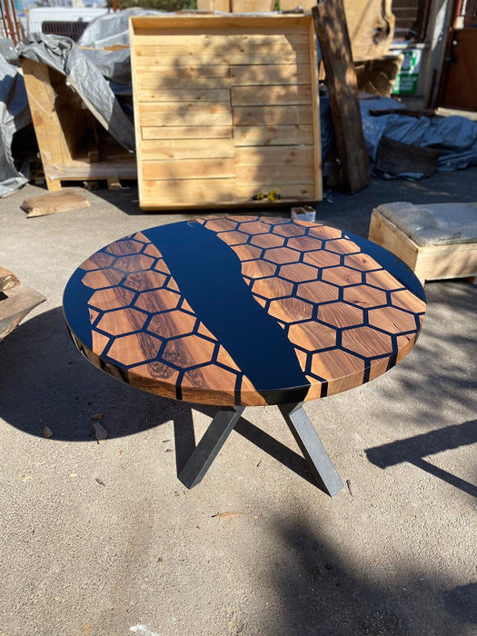 Custom 48” Diameter Round Table, Walnut Black Epoxy Table, Hexagon Honeycomb Table for Jodi