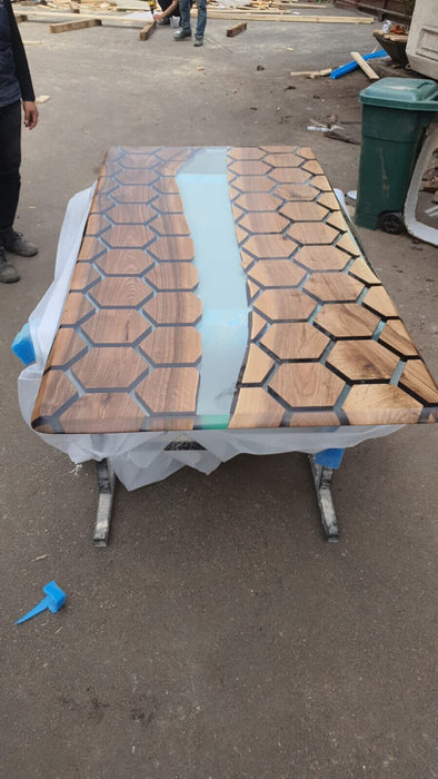 Custom 72” x 36” Walnut Clear Epoxy Table, Hexagon Honeycomb Table, Clear Resin Walnut Table, Handmade Epoxy Table, Unique Resin Table Wes