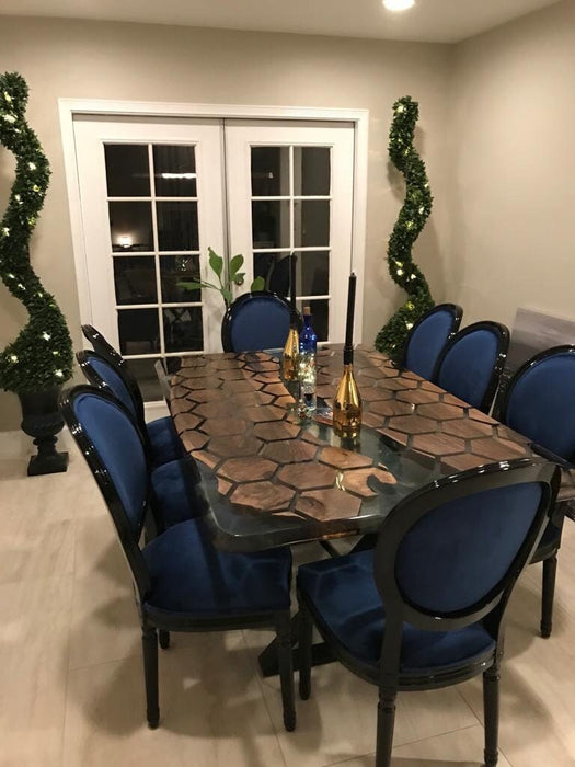 Epoxy Table, Epoxy Dining Table, Walnut Epoxy Table, Custom 72” x 44” Clear Epoxy Table,  Hexagon Honeycomb Walnut Table for Kristin F