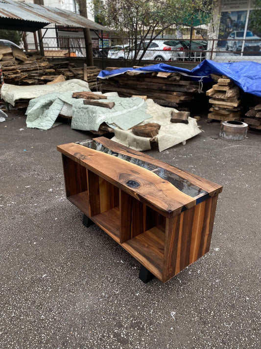 Custom Epoxy Console, 55” x 19” x 32” Walnut Wood Epoxy Resin Open Credenza, Walnut Epoxy Epoxy Credenza, Dining Room Sideboard for Mary G