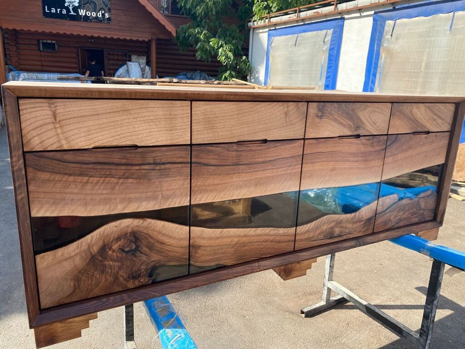 Custom Epoxy Console, 72” x 15” x 36” Wood Epoxy Resin Credenza, Walnut Epoxy Epoxy Credenza, Dining Room Sideboard for Alex B