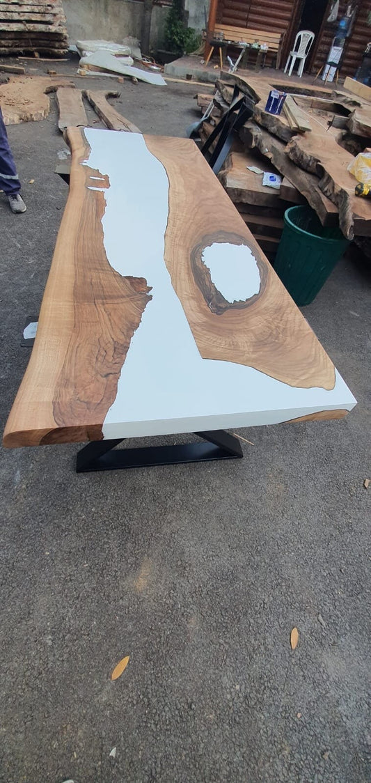 Walnut Dining Table, White Epoxy Table, Custom 66"x 24" Walnut White Epoxy Office, Wall Shelf Order for Vanessa