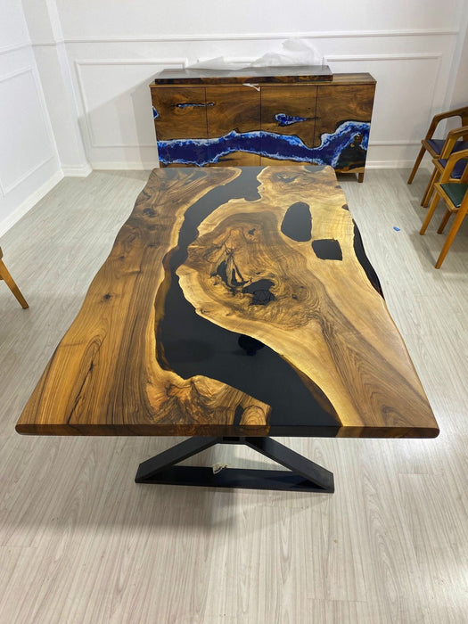 Epoxy Table, Epoxy Dining Table, Walnut Epoxy River Table, Custom 78” x 42” Walnut Black Epoxy River Table Order for Wendy