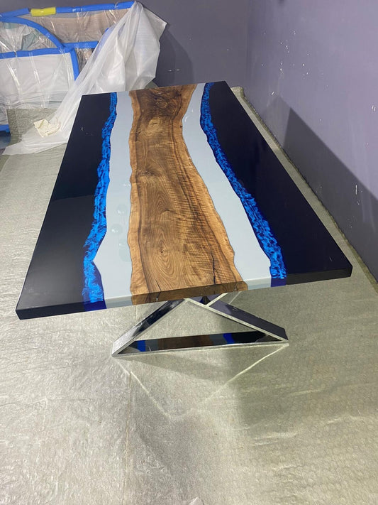 Epoxy Resin Table, Custom 96” x 40" Walnut Table, Light Gray, Blue and Black Epoxy Table, Custom Order for Christine