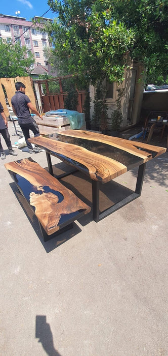 Custom 72” x 40" Walnut Black Epoxy River Table and Bench Order for Lisa T