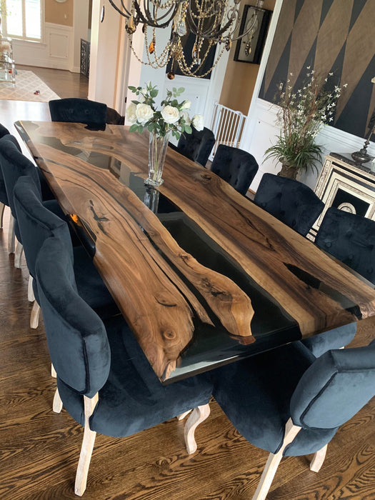 Epoxy Table, Epoxy Dining Table, Walnut Epoxy River Table, Custom 100” x 40” Walnut Black Epoxy River Table Order for Bryony