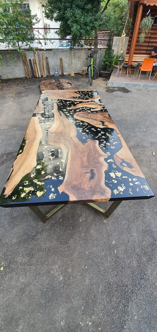 Walnut Dining Table, Custom 108” x 48" Walnut Black Table, Custom Gold Leaf Table, Live Edge Table, Custom Order for Evyn