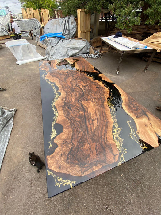 Walnut Dining Table, Custom 108” x 48" Black Epoxy Table, Gold Leaf Table, River Table, Live Edge Table, Epoxy Dining Table for Stella