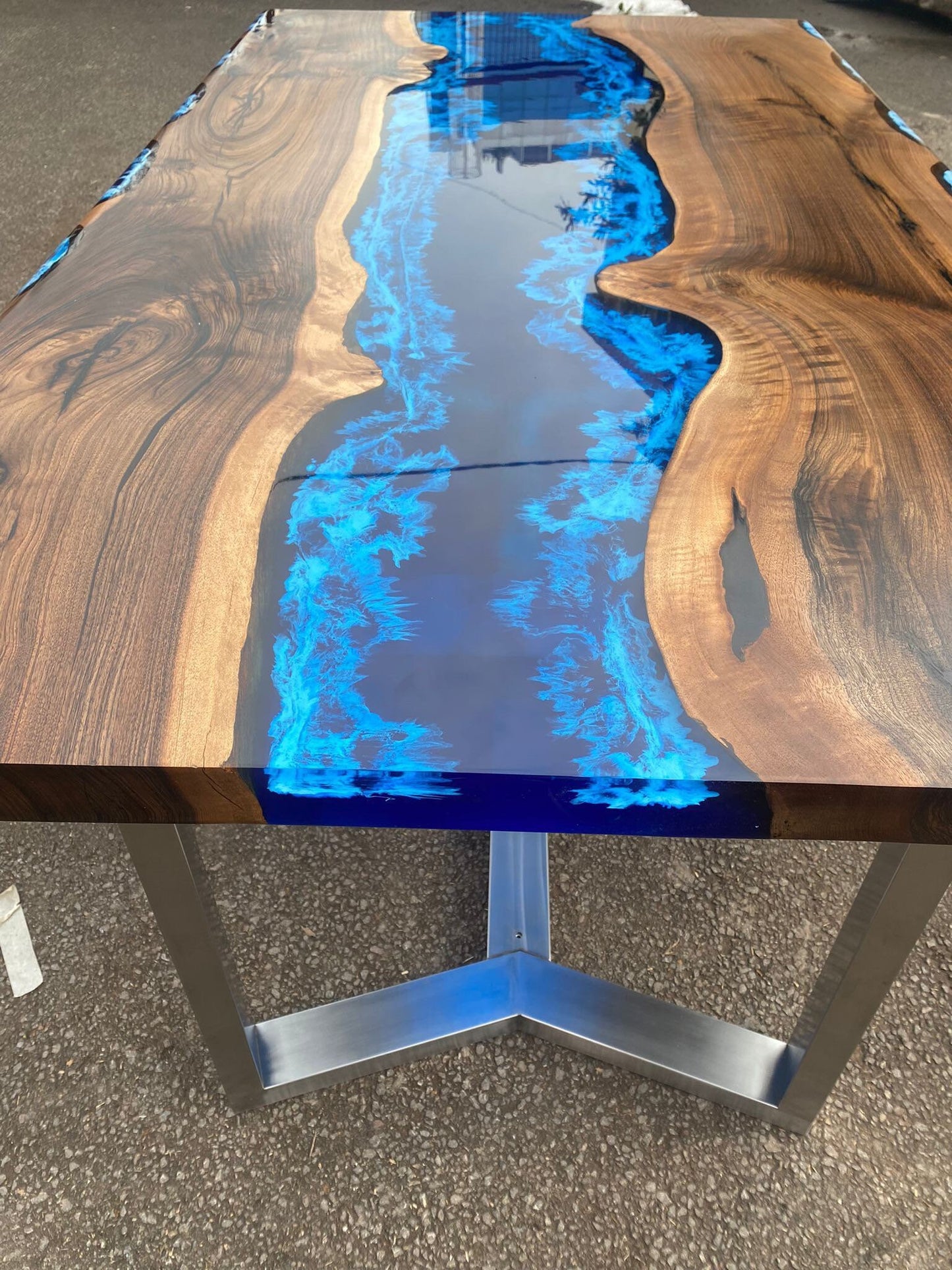 Handmade Epoxy Table, Custom 72” x 42” Walnut Deep Dark Blue and White Swirls Table, Epoxy Dining Table, Live Edge Table, Order for Marta