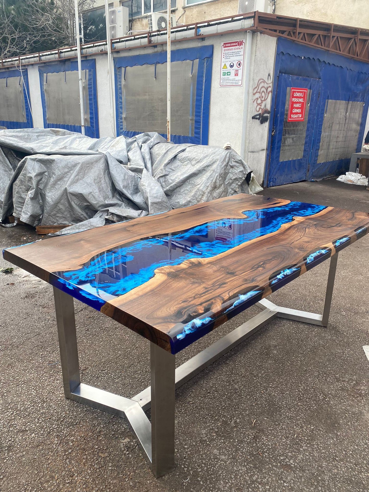 Handmade Epoxy Table, Custom 72” x 42” Walnut Deep Dark Blue and White Swirls Table, Epoxy Dining Table, Live Edge Table, Order for Marta