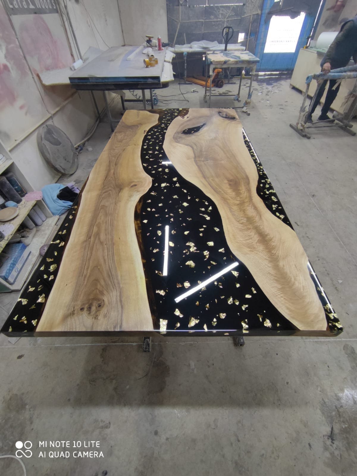 Black Epoxy Resin River Table, Custom 80” x 42” Walnut Black Table, Custom Gold Leaf River Table for E