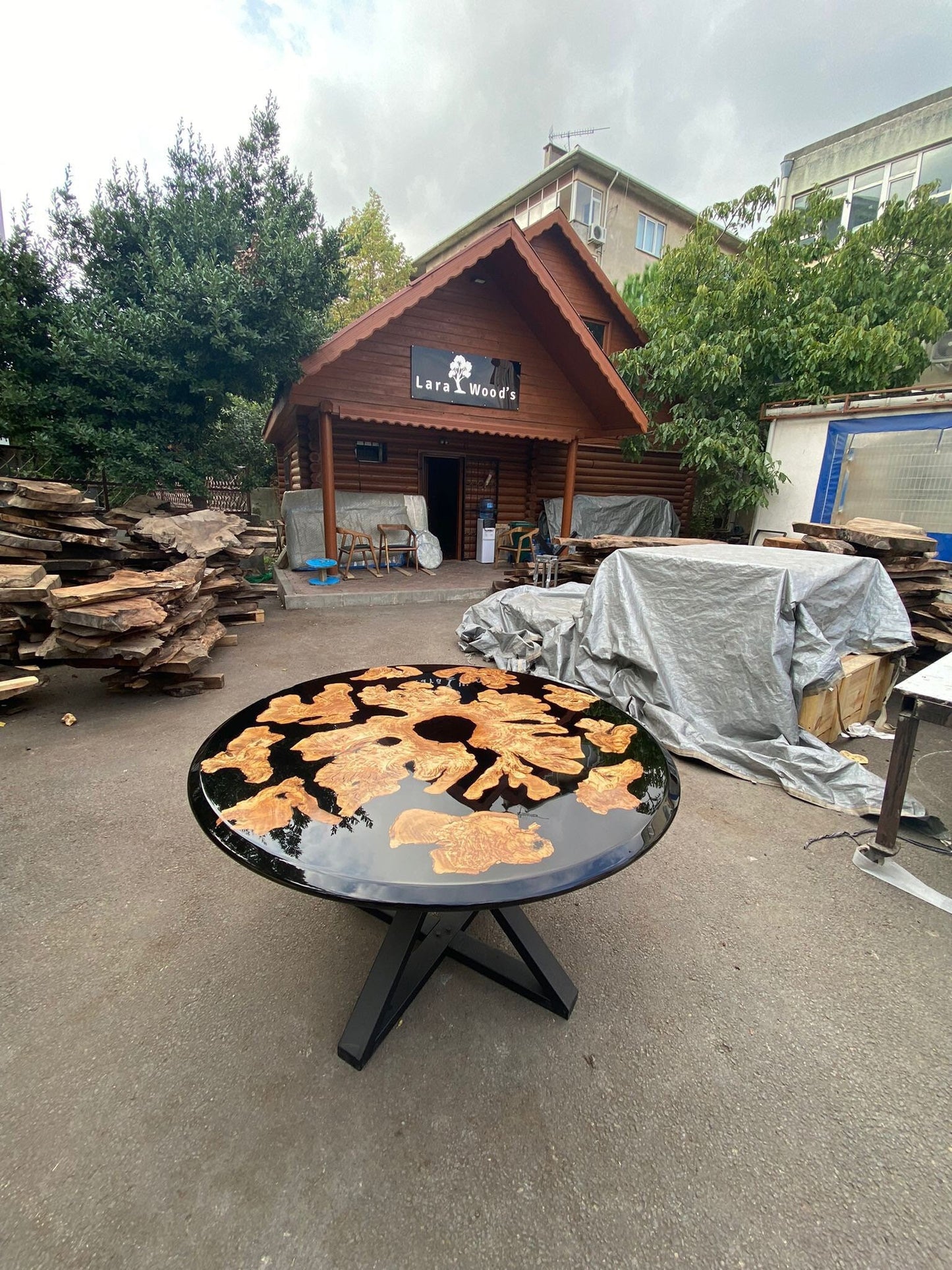 Olive Wood Epoxy Table, Custom 55” Diameter Round Table, Olive Wood Black Epoxy Table, Epoxy Dining Table, Custom Order for Adriano Tampa