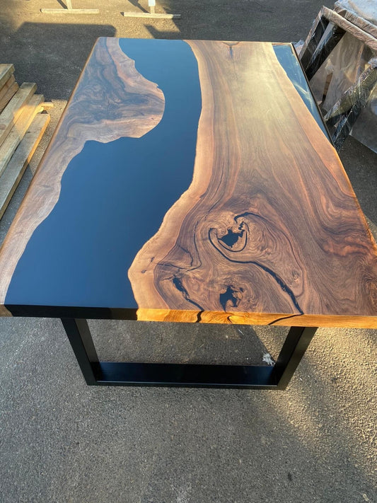 Black Resin Table, Epoxy Dining Table, Epoxy Resin Table, Custom 56” x 36”  Walnut Table, Black Epoxy River Dining Table for Troy