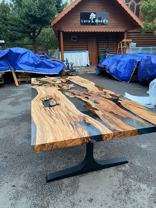 Epoxy Table, Epoxy Dining Table, Olive Epoxy River Table, Custom 115” x 44” Olive Wood Clear Epoxy Dining Table Order for Andi