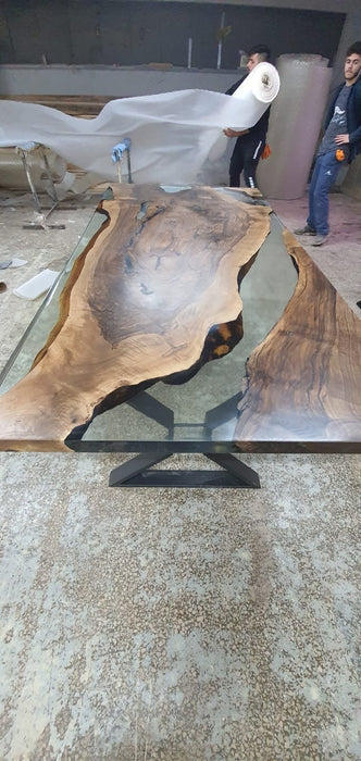 Epoxy Table, Epoxy Dining Table, Walnut Epoxy River Table, Custom 95” x 48” Walnut Clear Epoxy River Dining Table, Walnut Epoxy Table