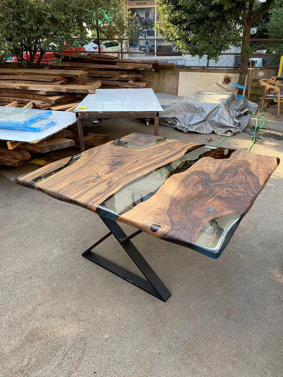 Handmade Epoxy Table, Custom 60” x 60” Walnut Table, Epoxy Dining Table, Clear Epoxy Table, River Table, Live Edge Table, Order for Gema