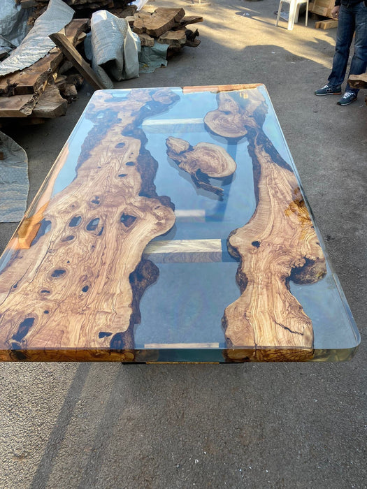 Epoxy Table, Epoxy Dining Table, Olive Epoxy River Table, Custom 80” x 42” Custom Olive Wood Shiny Clear Epoxy Dining Table Order for Meril