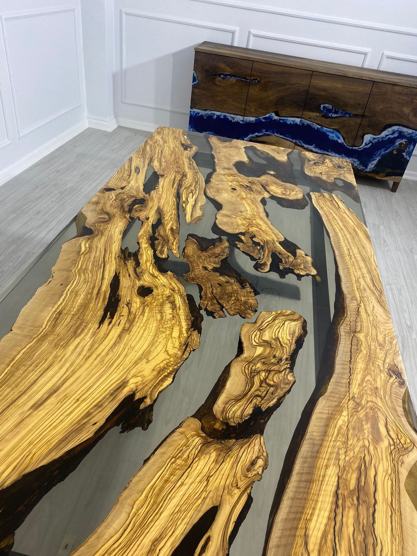 Olive Wood Epoxy Table, Olive Wood Table, Custom 96” x 40” Olive Smokey Gray Table, Epoxy Resin Table, Custom Order for Selena