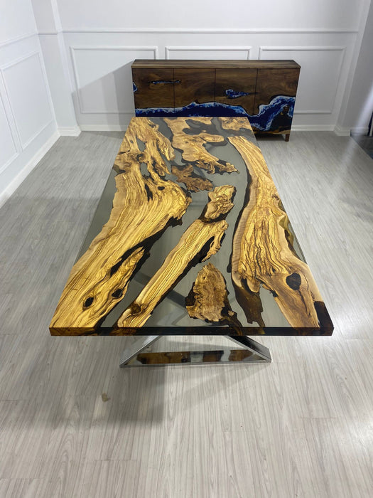 Olive Wood Epoxy Table, Olive Wood Table, Custom 96” x 40” Olive Smokey Gray Table, Epoxy Table, Custom Order for Selina