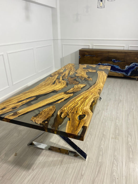 Olive Wood Epoxy Table, Olive Wood Table, Custom 96” x 40” Olive Smokey Gray Table, Epoxy Table, Custom Order for Selina