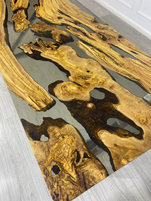 Olive Wood Epoxy Table, Olive Wood Table, Custom 96” x 40” Olive Smokey Gray Table, Epoxy Table, Custom Order for Selina